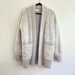 Vintage Angora Fur Long Cardigan Sweater Light Jacket Front Pockets Small